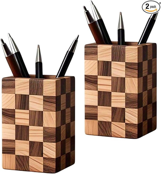 Wooden Pen Holder for Desk, 2 Pack Natural Wood Pencil Cup Holder – Office Desk Accessories Organizer, Makeup Brush Holder, Kids Crayon Marker Caddy, Eco-Friendly (2 Pack Mosaic Pattern)