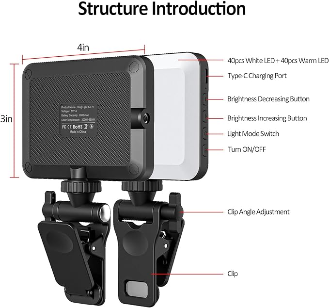 XINBAOHONG Rechargeable Selfie Light, Clip Fill Light for Phone Laptop Tablet Portable Light for Video Conference Live Streaming Zoom Call Makeup Picture (Black)
