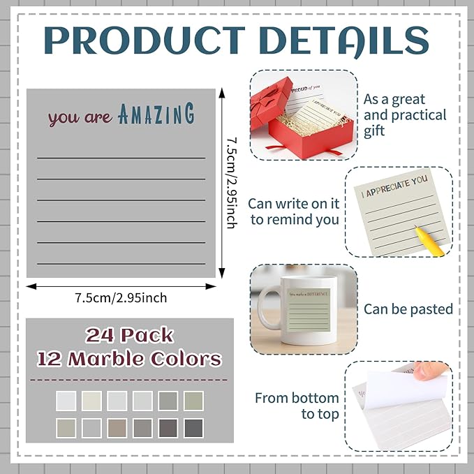 Yinder 24 Pcs Inspirational Sticky Notes Thank You Gift Motivational Sticky Note Pad Employee Appreciation Gift Bulk for Staff Coworker Teacher Nurse Office Groups 3 x 3'' (Appreciation,Neutral)
