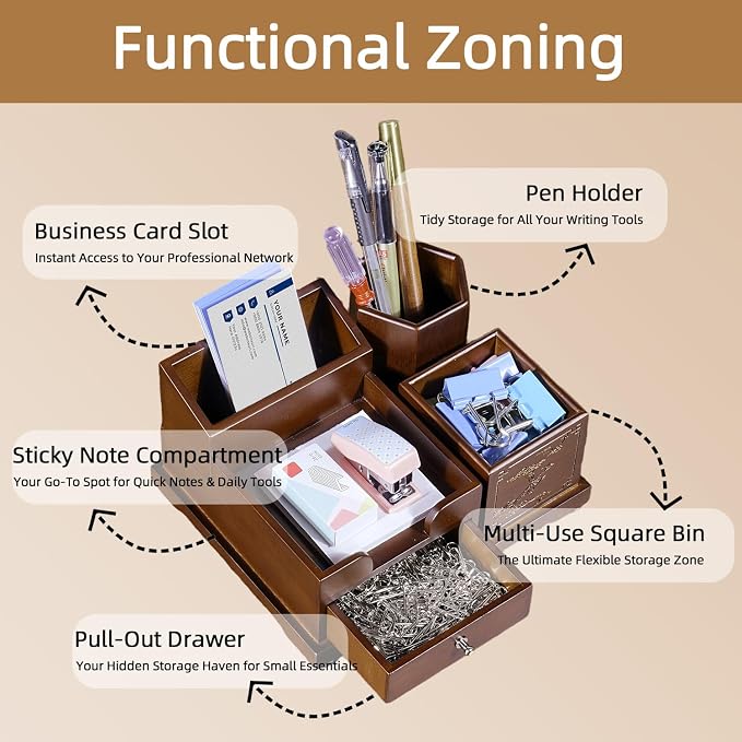 Bamboo Desk Organizer with Drawer, Wood Pen Holder & Card Slot, Brown | Desktop Storage Caddy, Office & Home | Natural Solid Bamboo, No Assembly, Non-Slip Base | Multi-Compartment, Ready to Use