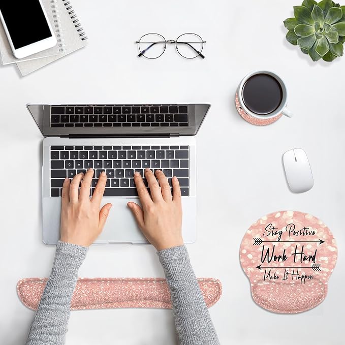 Britimes Pink Rose Gold Ergonomic Mouse Pad Set with Wrist Rest Non-Slip Rubber Base Wrist Cushion Support and Coasters Mousepad with Wrist Support for Computer Keyboard and Desk