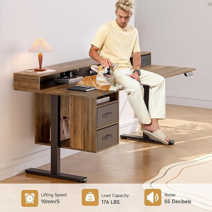 ONBRILL Standing Desk with Drawers, 63x24 Inch Electric Stand Up Desk with 3 Drawers and Open Storage Shelf, Adjustable Height 28-46 Inches for Home and Computer Workstation, Walnut