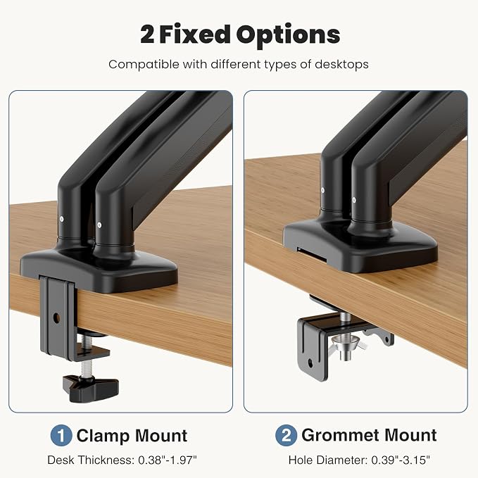 OLIXIS Dual Monitor Stand for Desk, Gas Spring Monitor Arm for 2 Monitors Max 32 Inches, Fully Adjustable Double Mount, VESA Mount with C-Clamp/Grommet Base, Holds Screen 17.6 lbs