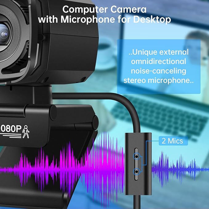 Auto Tracking Webcam: Full 1080P HD Computer Camera with Built-in 2 Microphones, Remote Control, Privacy Shutter, WDR, 73° View, External USB Web Cam, for Desktop PC Laptop