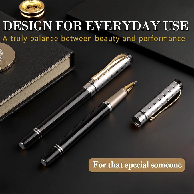 Luxury Gel Ballpoint Pens,Personalized Ink Pen Set with 3 Refills (Black/Blue/Red), Ultra-Smooth Writing Experience, Perfect for Gifts,Business,Office (Silver Black)