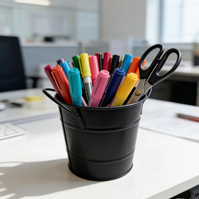Fengtaiyuan T9，Matte Black Metal Storage Bucket, 5.95.14.7 inches Multi-functional Desktop Organizer for Home Office Garden (T19)