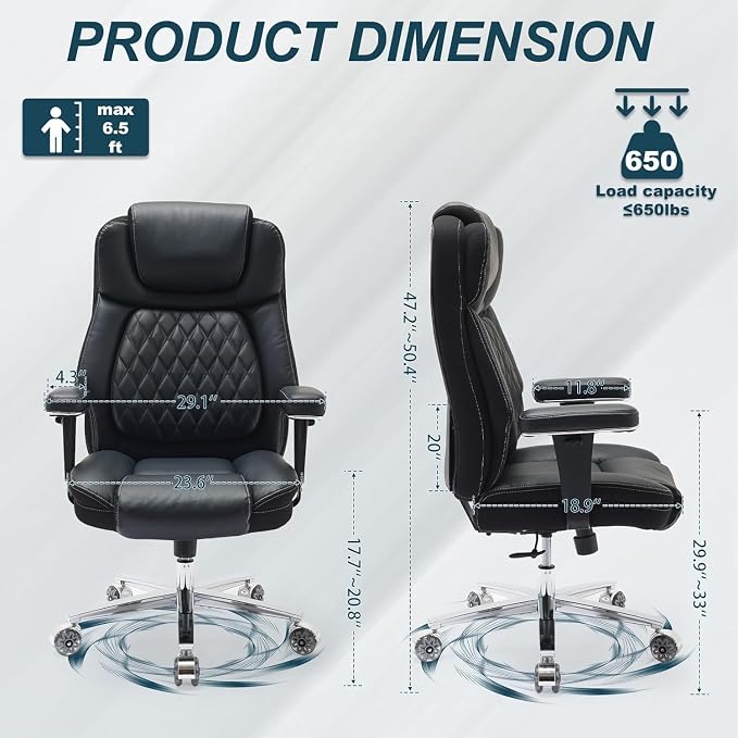 Big and Tall Office Chair 650lbs,Heavy Duty Office Chairs with Dual Rubber Wheels,Extra Wide Desk Chair,Adjustable Ergonomic Lumbar Support,High Back Rocking Computer Chair for Heavy People