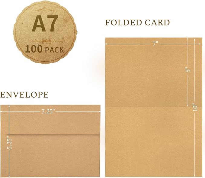 Goefun Brown Kraft Blank Cards and Envelopes 5x7, A7 Envelopes Self Seal with Folded Brown Cardstock 5x7 100 Pack for Invitations, Wedding, Birthday, DIY Greeting Cards & All Occasions
