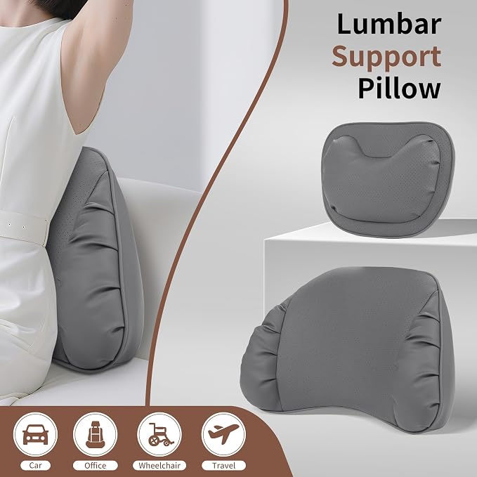 Memory Foam Lumbar Support Pillow for Car Seat, Gray, 1 Pack | Leather Lumbar Pillow for Lower Back Pain Relief - Back Cushion for Driving - Chair Support for Office Chair, Gaming Chair