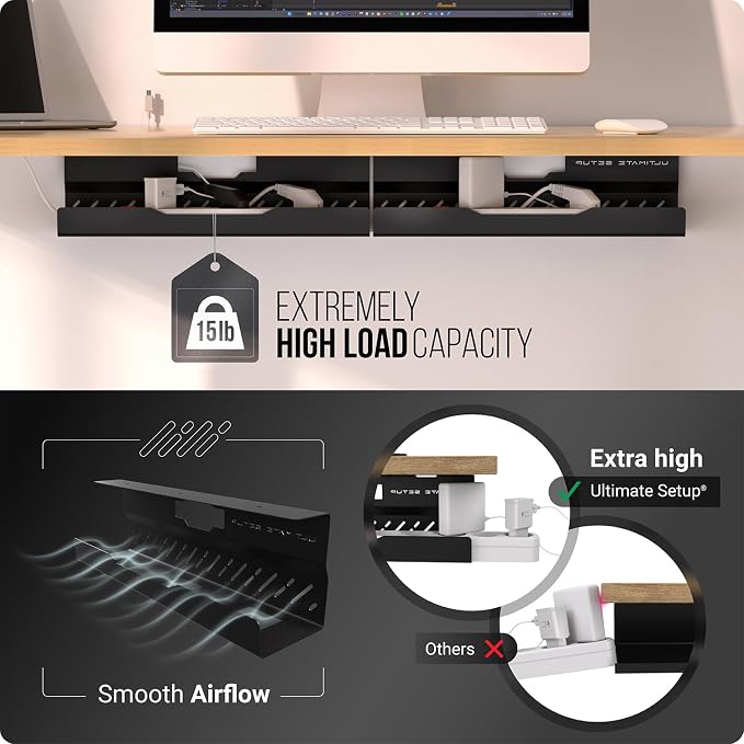 Under Desk Cable Management Tray no Drill – Wire Management - Cord Organizer – Huge Load Capacity – Under Desk Cable Tray no Drill (Black, 2 Pieces Set)