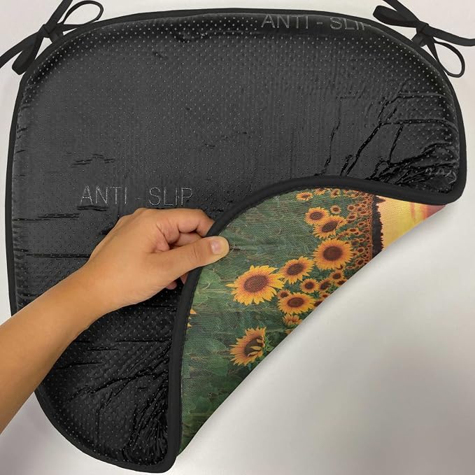 Lunarable Sunflower Chair Cushion Pad, Field of Sunflowers Sunset Dramatic Sky Clouds Scenic Picture, Seat Padding for Kitchen & Patio with Anti-Slip Backing, 16"x16", Fern Green Sky Blue