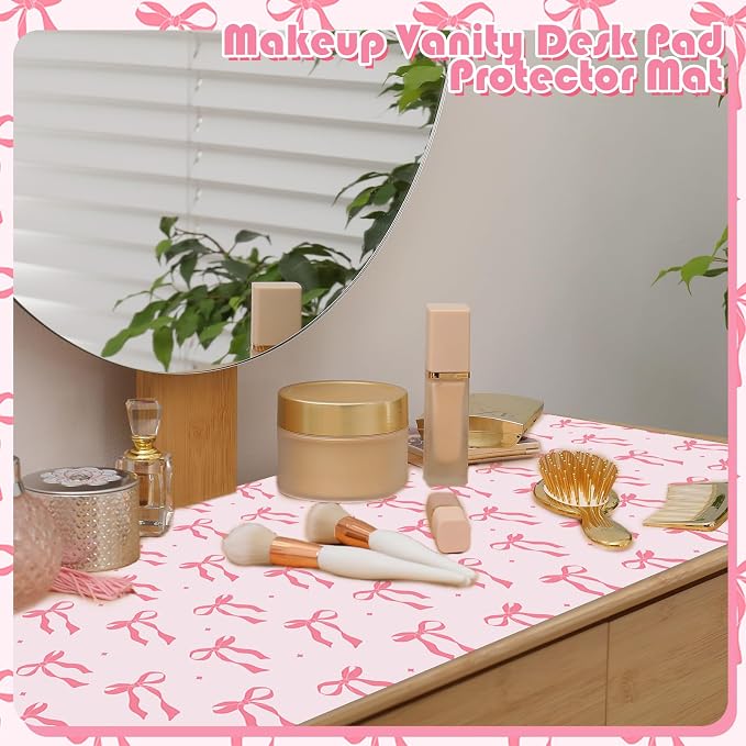 FYSUIMU Coquette Bow Makeup Mat Dual-Sided Leather Desk Pad Waterproof Pink Bow Makeup Table Cover for Vanity Top Protector Countertop Decor, 15.7 x 31.5 in
