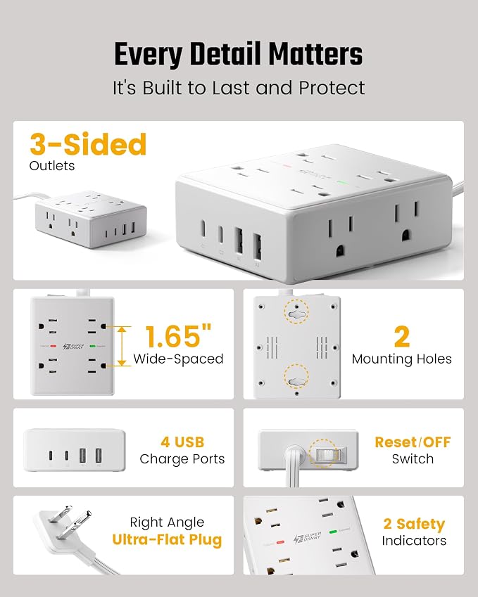 25Ft Long Extension Cord, Flat Plug Power Strip with 8 Outlets & 4 USB Ports (2 USB C), Wall Mountable Surge Protector, Desk Charging Station for Home Office, Dorm Room Essentials