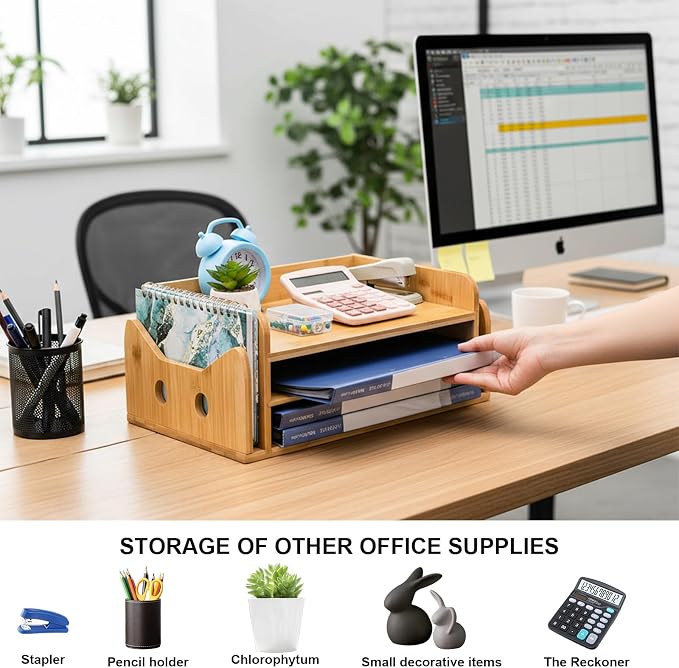 ZOOFOX Cute Cat-Shaped Bamboo Desk Organizer, 3-Tier Paper Letter Tray with 2 Vertical Mail Slots, Wooden Desktop File Holder and Sorter for Office Home
