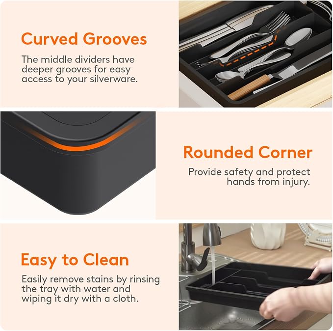 Lifewit Silverware Drawer Organizer Tray, Plastic Cutlery Storage for Kitchen, Flatware and Utensil Holder Divider for Spoons Forks Knives Tableware, 9.5 x 13.4", 5 Slots, Black