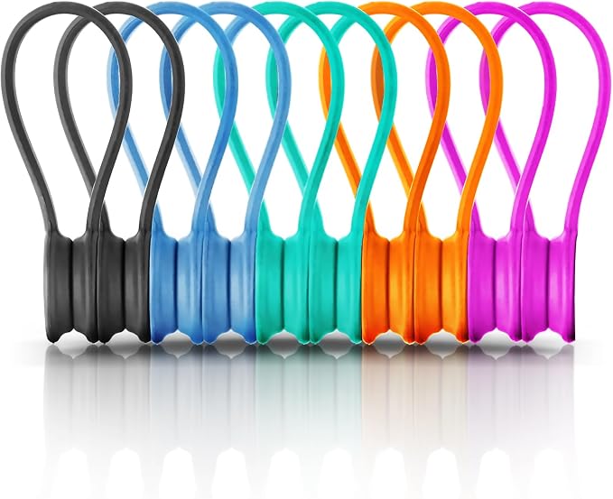 Kanemc Magnetic Cable Ties,Silicone Cord Ties Twist Ties(10PCS,Multicolor) | Reusable Magnetic Cable Organizer,Magnetic Cord Ties with Strong Magnet for Cable Bundling,Earphone Cords Wrap for Travel