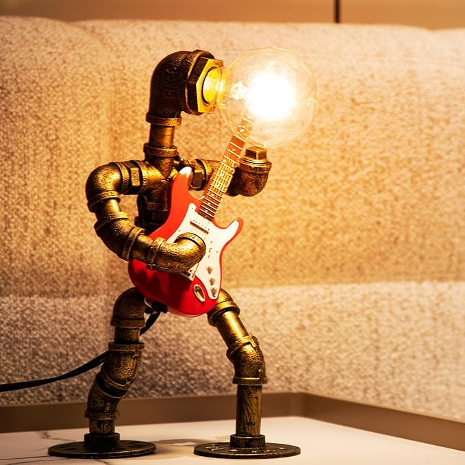 Music Guitar Table Lamp Art Decor ，Steampunk Table Lamp,Retro Guitars Steampunk lamp,Cool Industrial Metal Tube Robot Lamp Guitar Stuff Present for Men Music Lovers