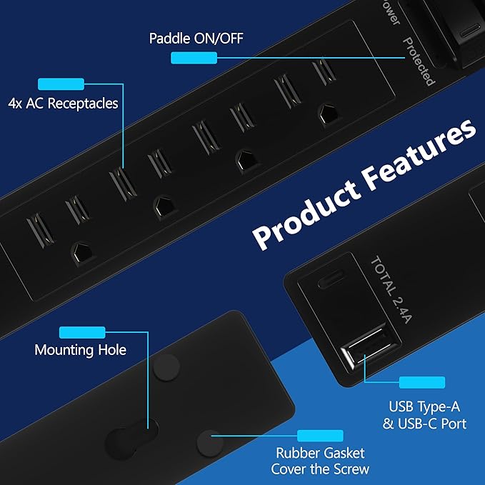 LIDER Surge Protected Outlet Extender, 4-Outlet Power Strip, 1 USB-A & 1 USB-C, Surge Protector 1500J, Ultra-Thin Wall Plate Plug with Cord Extender, 5ft Cord, 1625W, ETL Listed, Matte Black