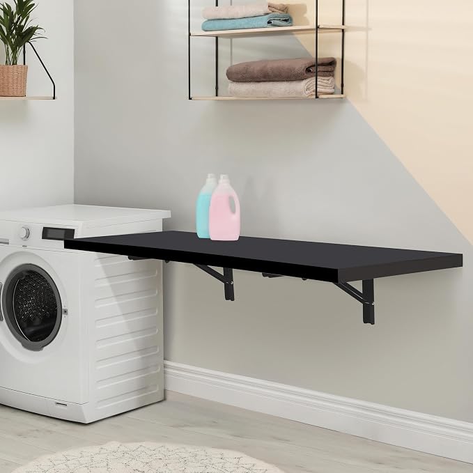 Houseables Wall Mounted Desk, Murphy Desk, Wall Mounted Folding Table, Laundry Folding Table, Fold Down Work Bench, Foldable Mount Station, Floating Bar, Hanging, Dining, Kitchen, Clothes, 48x16 Black