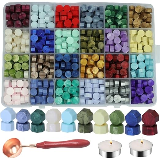 600 Pcs Assorted Color Sealing Wax Beads Bulk - 24 Colors Wax Seal Pellets Kit for Stamp Seals, Wedding Invitations, Envelope Sealing, DIY Crafts - Multicolor Pellets for Gift Ideas (B, 24)