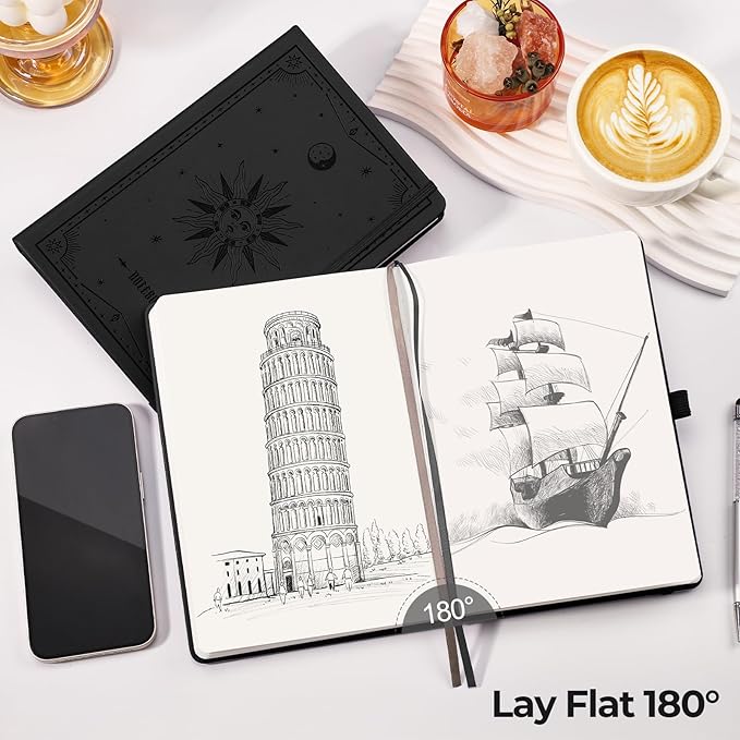 EMSHOI Blank Notebook Journal - 320 Pages, 100gsm Thick Paper, A5 Hardcover Leather, Art Sketchbook for Drawing, Unlined, Plain Sketch Book for Women Men Work Writing, 5.75 X 8.38, Black