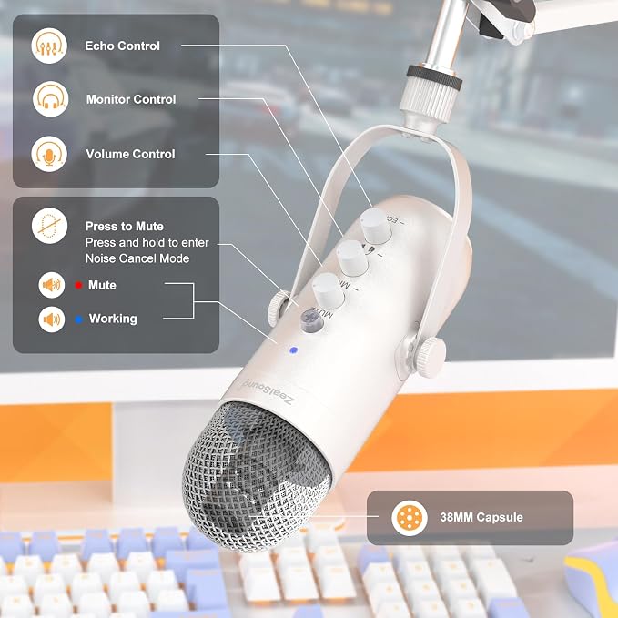 ZealSound Gaming Microphone for PC, USB Podcast Microphone with Noise Reduction, Mute & Gain Control, Zero-Latency Monitoring, Echo Control, Boom Arm, for Mac, iPhone, Stream, YouTube, TikTok (White)