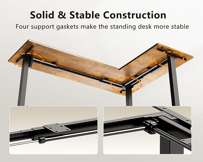 Casaottima 63 Inch Reversible L Shaped Electric Standing Desk, Ergonomic Height Adjustable Desk, Large Lift Corner Stand up Table for Workstation, Home Office, Reception Room, Rustic Brown