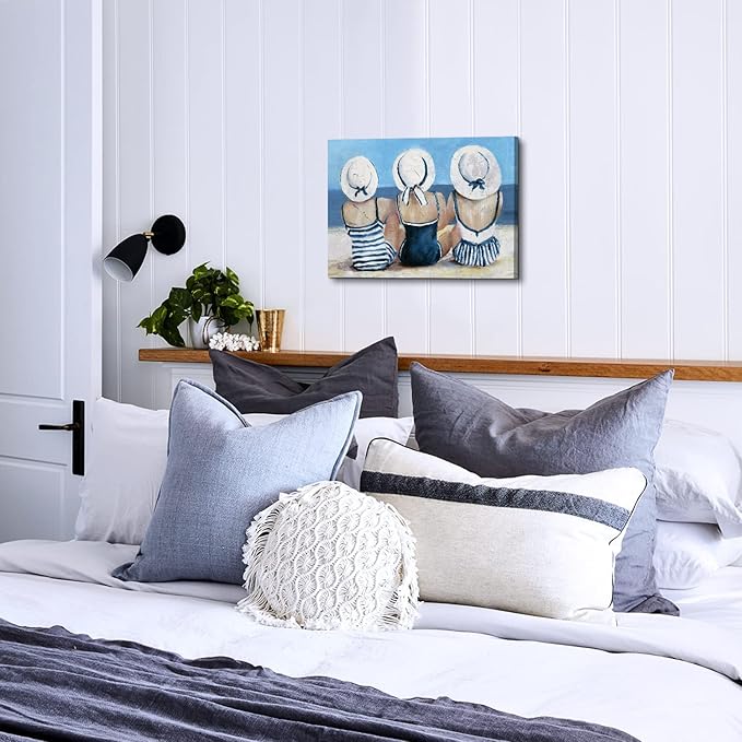 Beach Girls Wall Art Coastal Room Wall Decor Vintage Ocean Landscape Picture Nautical Bathroom Canvas Prints 16x24”, Seascape Poster Retro Swimsuit Girl Painting Artwork Modern Bedroom Decoration