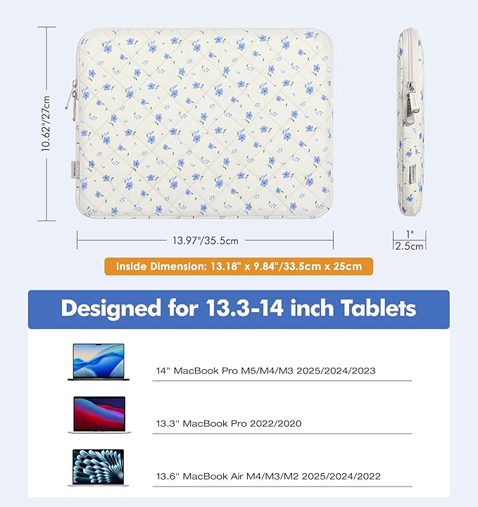 MoKo 13.3-14 inch Laptop Sleeve Bag Protective Carrying Case for New 13-inch MacBook Air/Pro M4, 13" MacBook Neo A18, 14" Mac Pro M3/M2/M1, 13" MacAir M3/M2/M1, Laptop Bag with Handle, Blue Floral