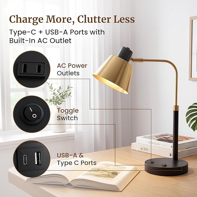 Desk Lamp with USB-C, USB-A and AC Outlet, Adjustable E26 Table Lamp for Home Office and Bedside Reading, Matte Black and Brushed Brass-Look, Bulb Not Included