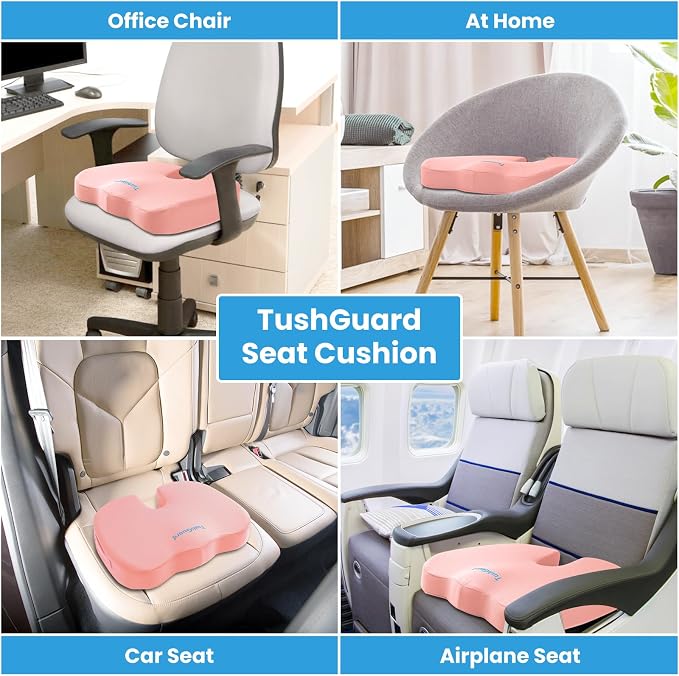 TushGuard Memory Foam Seat Cushion for Office Chair, Car Seat, Pink, XXL | Office Chair Cushion for Car, Airplane - Chair Pad for Long Sitting Sciatica, Hip, Coccyx,Tailbone Pain Relief, Butt Pillow
