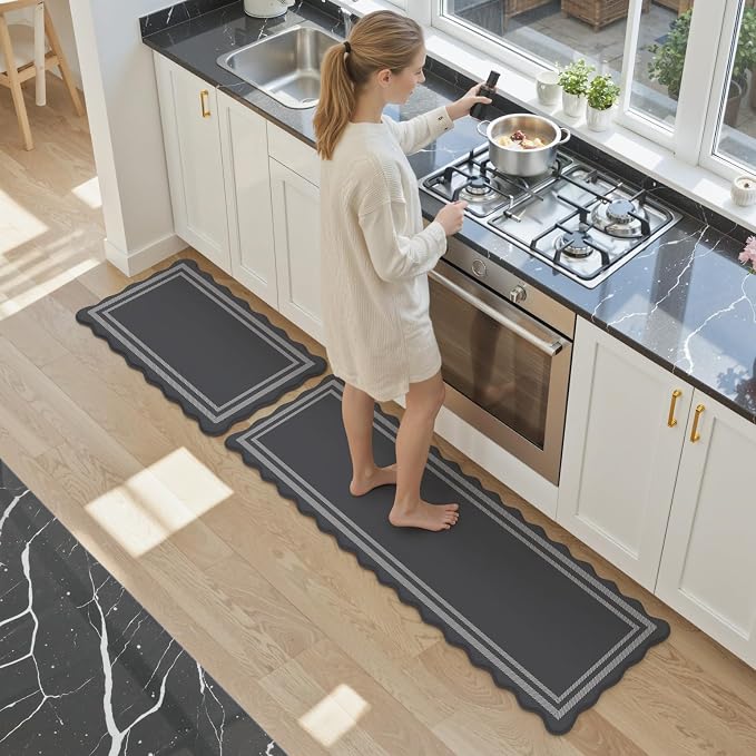 KIMODE Anti Fatigue Mats for Kitchen Floor 17"x59"+17"x29", Dark Grey Farmhouse Kitchen Rugs Sets of 2, Cushioned Kitchen Floor Mat Non Skid, Memory Foam Kitchen Mat for Laundry Office Sink Desk