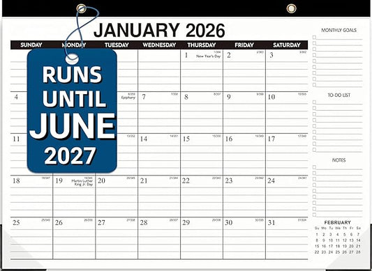 Desk Calendar 2026 - Large Desk/Wall Calendar Through June 2027, 17" x 12", Thick Paper, Large Ruled Blocks, Clear Plastic Cover – Perfect for Home School & Office Organization