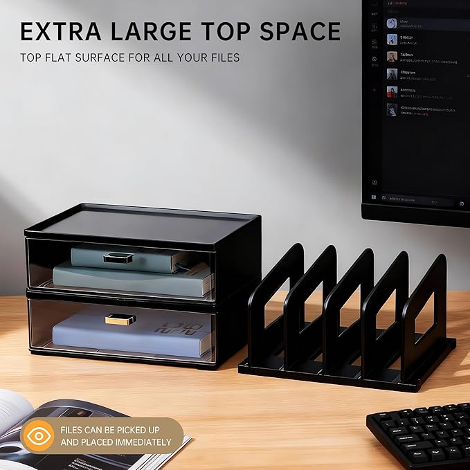 CiWiVOKi Desk Organizer with 4 File Slots and 2 Drawers, Black | File organizer with dual pen holders and storage compartments for mail, documents and office supplies