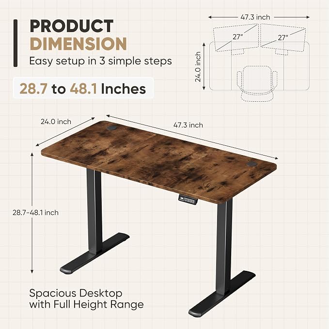 Furmax 48 Inches Electric Height Adjustable Standing Desk Home Office Desk | Large Sit Stand Up Computer Desk Memory Preset with T-Shaped Metal Bracket, Brown