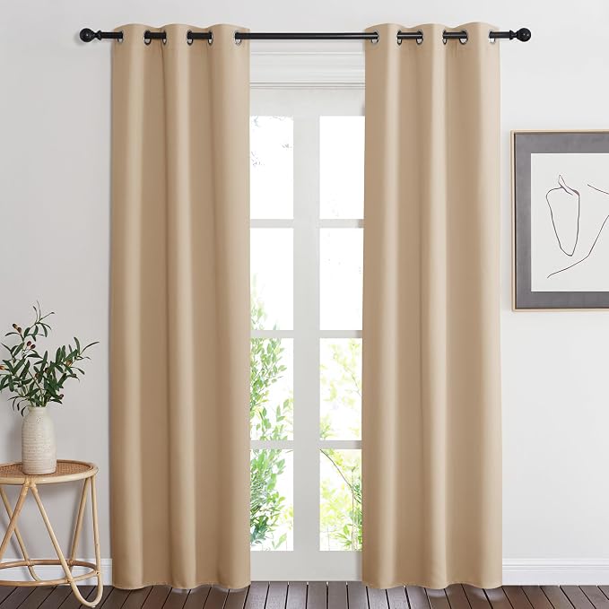 NICETOWN Beige Room Darkening Curtain and Drape, Biscotti Beige, Sold Individually, 34 inches Wide by 84 inches Long, Energy Efficient Warmth Solid Grommet Curtain for Office & Classroom
