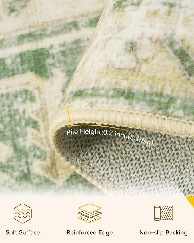 RELEANY Area Rugs Runner 2'x8' Washable Non-Slip, Floral Vintage Distress Medallion Carpet for Kitchen Hallway Bedroom Beside Laundry Room Bathroom, Sage Green Yellow