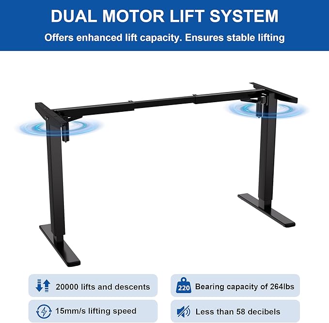 Standing Desk Frame Dual Motor, Electric Adjustable Legs Compatible Desktop Size 39″-71″, 264 lbs Weight Capacity, Sedentary Reminder Stand Up Desk Frame Workstation, Black Frame Only