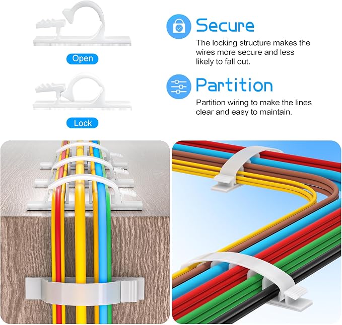 XHF 30pcs Adhesive Cable Wire Clips Kit White, Outdoor Cable Management Wire Organizer Cord Holder for Under Desk, Car, Wall, TV PC Ethernet Cable