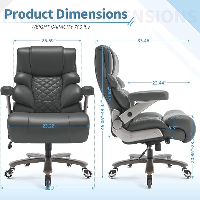 VUZI 700lbs Big and Tall Office Chair, Large Executive Leather Desk Chair | Adjustable Lumbar Support for Back Pain, Plus Size Wheels, 3D Flip Arms, Heavy Duty Metal Base, Wide Seat Computer Chair