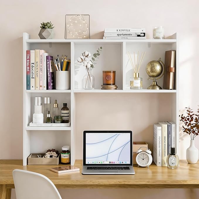 OOOK 35.5" L Dorm Desk Hutch White, Desktop Bookshelf with 5 Shelves | Multipurpose Desk Organizer for Dorm Office Home, 3-Tier Wooden Display Rack for Computer Desk