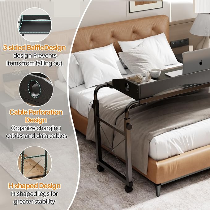 BYMECOST Laptop Desk for Bed, Adjustable Height & Length Laptop Bed Table | Overbed Table with Wheels for Queen Size Beds,Rolling Standing Desk,Over Bed Desk for Working Reading Eating