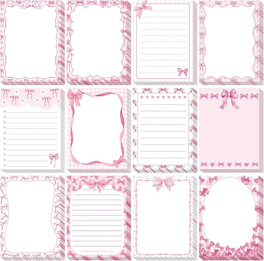 12 Pcs Pink Bow Sticky Notes Coquette Bowknot Self Adhesive Notepad Removable Memo Pad Pink Bow Party Supplies for Home Office Decor Birthday Wedding Bachelorette Party Decorations