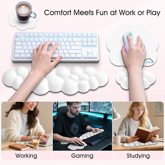 Sushret Cloud Wrist Rest for Computer Keyboard, 4-in-1 Memory Foam Leather Cloud Keyboard Wrist Rest and Mouse Pad Set with Ergonomic Support for Arm and Palm Cushion, Gaming/Work Setup, White