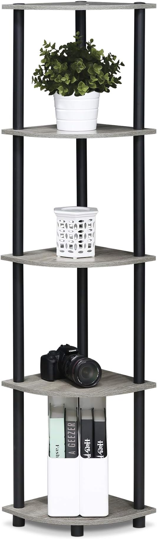 Furinno TURN-N-TUBE Corner Shelf, 5-Tier Corner Bookshelf, Open Storage Shelves, for Organization and Storage, Living Room, Home Office, Garage, Bedroom, French Oak