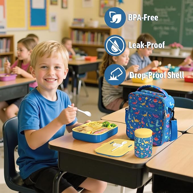 Kids Bento Lunch Box with Thermo Leak-Proof Snack Lunch Containers with Insulated Lunch Bag Utensils Set Back to School Supplies Gifts for Boys and Girls Toddlers Kindergarten Lunch Accessories Blue