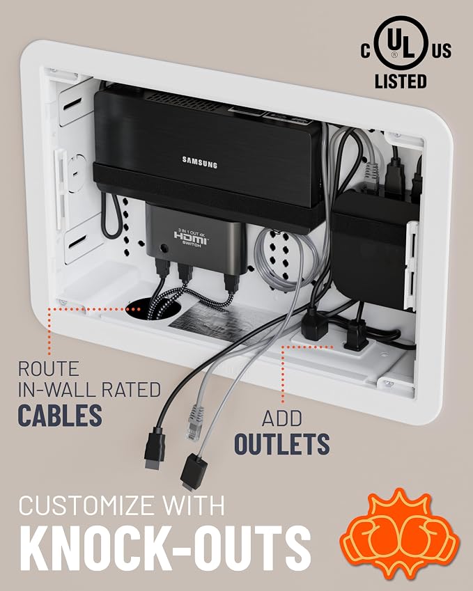 ECHOGEAR 9" in-Wall Media Box - Recessed Outlet & Network Enclosure - Works with Roku, Apple TV, Fire TV Stick, & Samsung One Connect Mini - WiFi Friendly Cable Management Kit