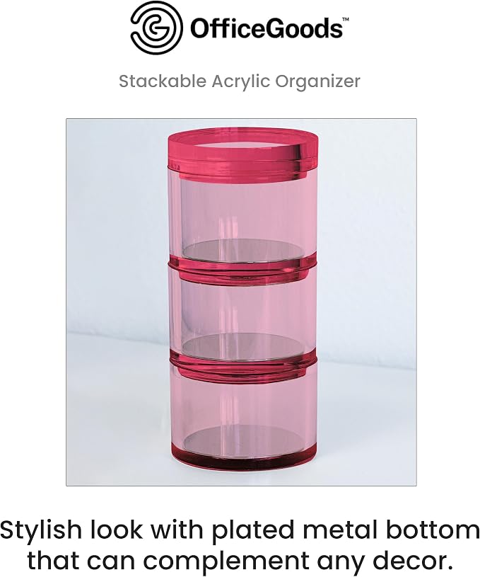 3-Tier Stackable Acrylic Holder- Stylish Desk Organizer and Storage for Office or Home – Transparent Round Design, Pink with Silver Metal Base