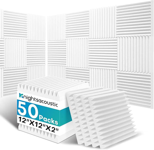 50 Pack Sound Proof Foam Panels for Walls, 2 X 12 X 12 Inches Acoustic Foam Panels, High Density Acoustic Panels Sound Absorbing, Noise Cancelling Studio Wedges, White (NOT INCLUDE ADHESIVE)
