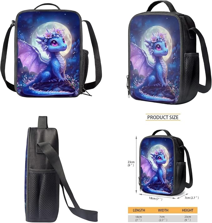 WELLFLYHOM Cute Dragon Customized Backpack for School Girls 6-8 Personalized 4 in 1 Book Bag with Lunch Box Pencil Case Water Bottle Sleeve Moon Elementary School Bag Set